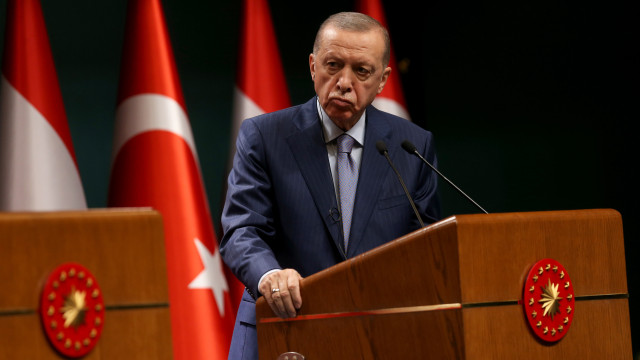 Turkish President Recep Tayyip Erdogan speaks during a press conference with Austrian Chancellor Karl Nehammer after their meeting in Ankara Turkey 10 October 2023